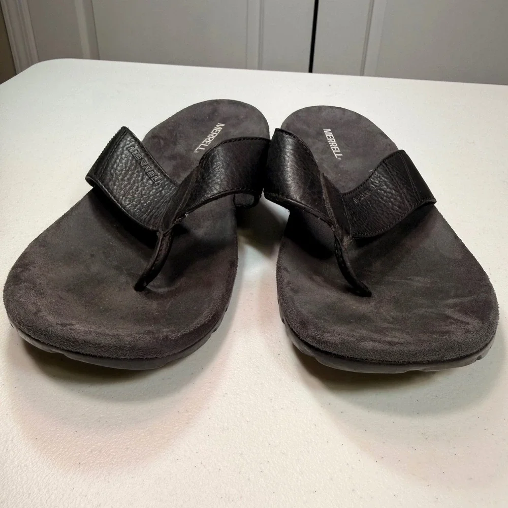 Merrell Mens Black Leather Flip Flop Sandals Performance Air Cushion Size 12
